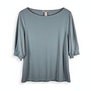 HM Boatneck Blouse Puff Short Sleeve Fine Knit Top Slate Blue L Minimalist Work